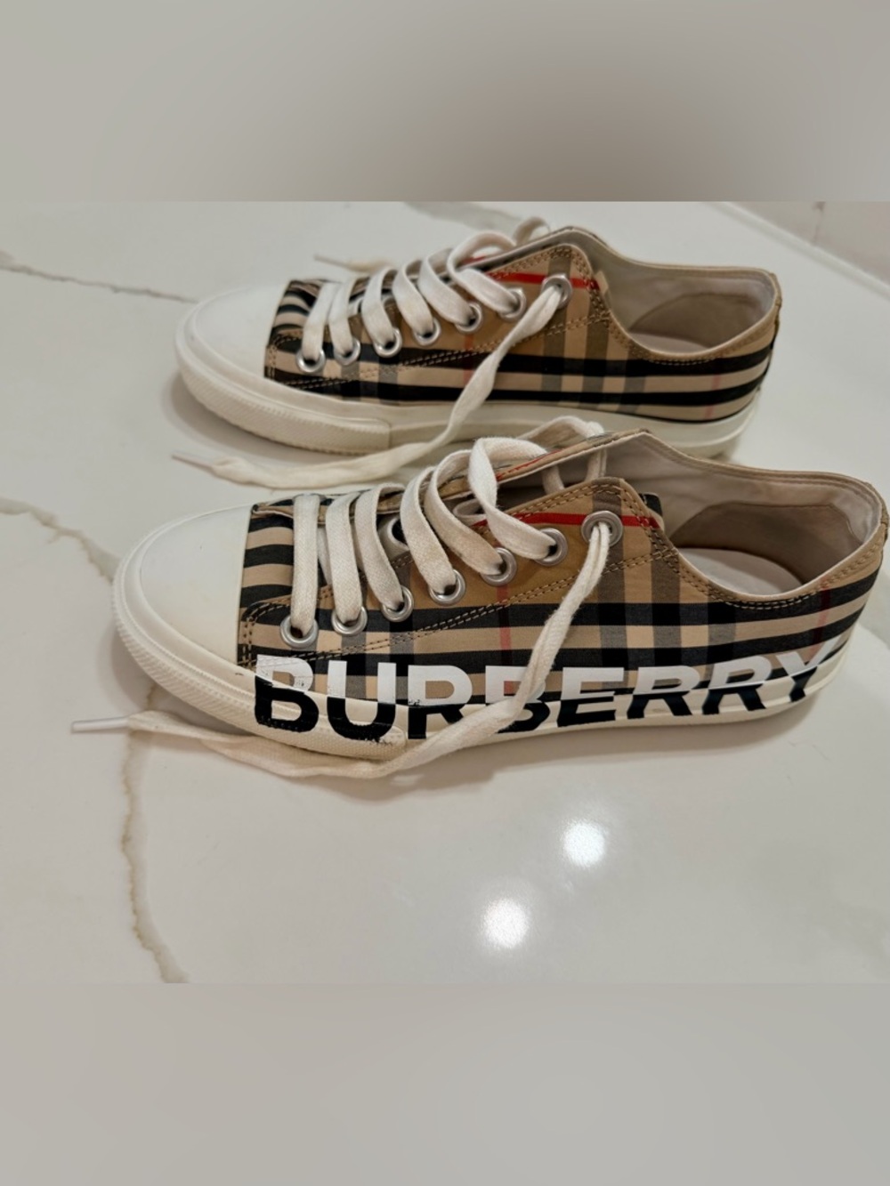 Burberry Beige Plaid Low-Top Sneakers with Black Logo- size 36.5